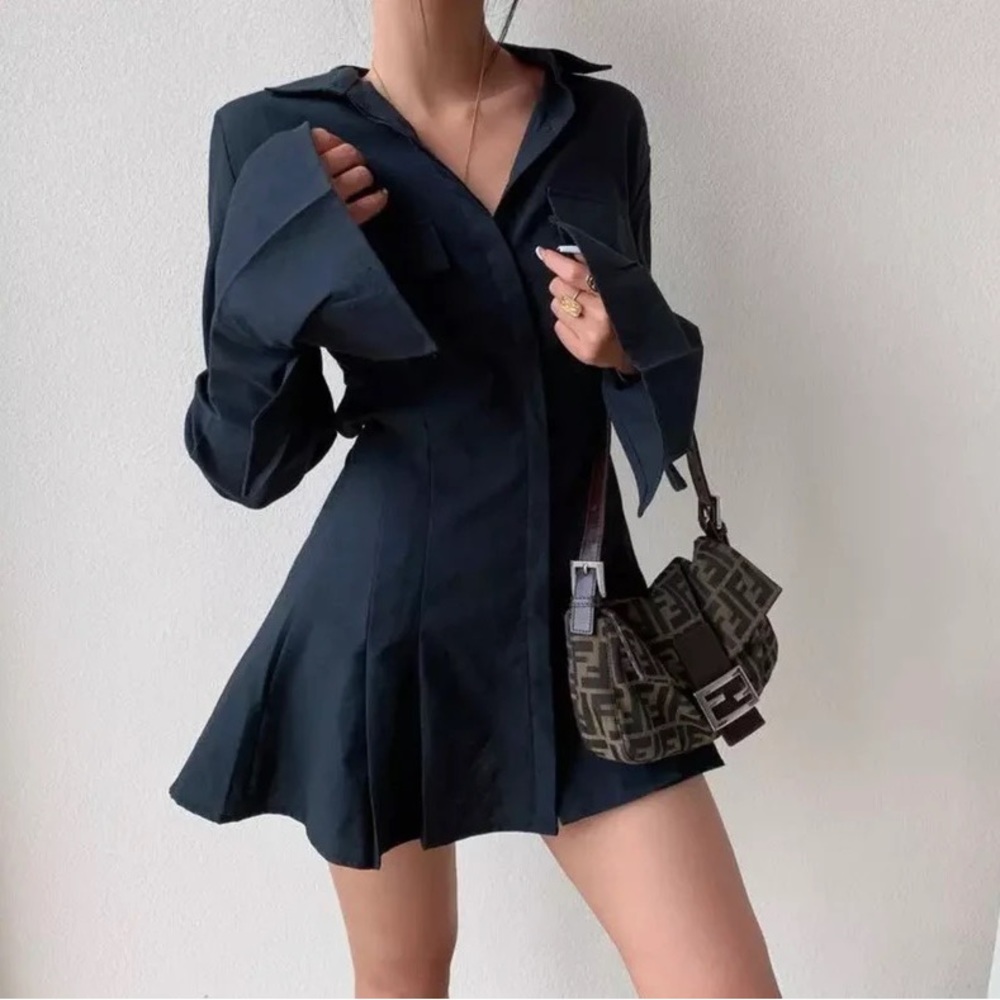 Black Long Sleeve Shirt Mini Dress
